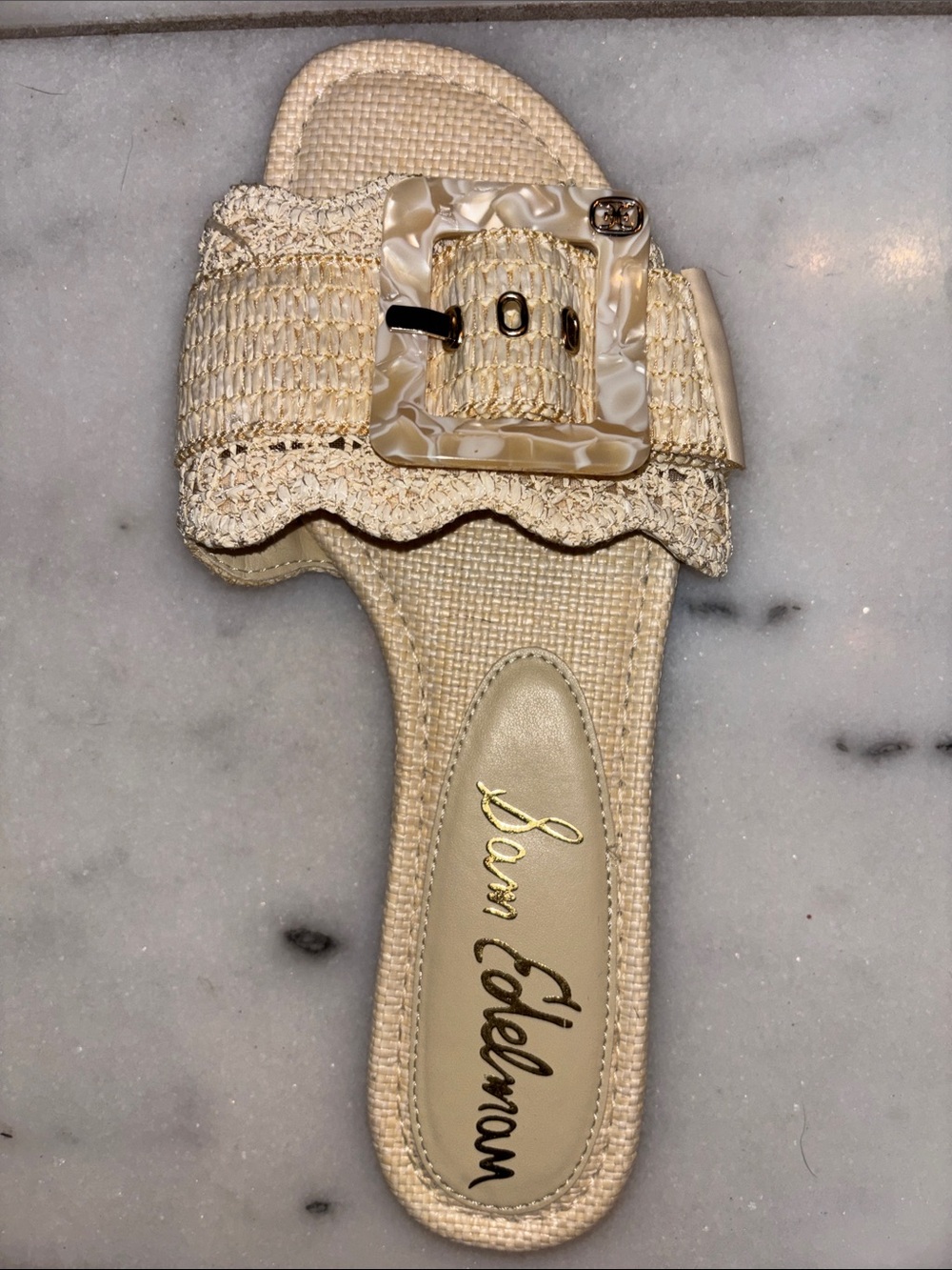 Sam Edelman Beige Raffia Buckle Slide